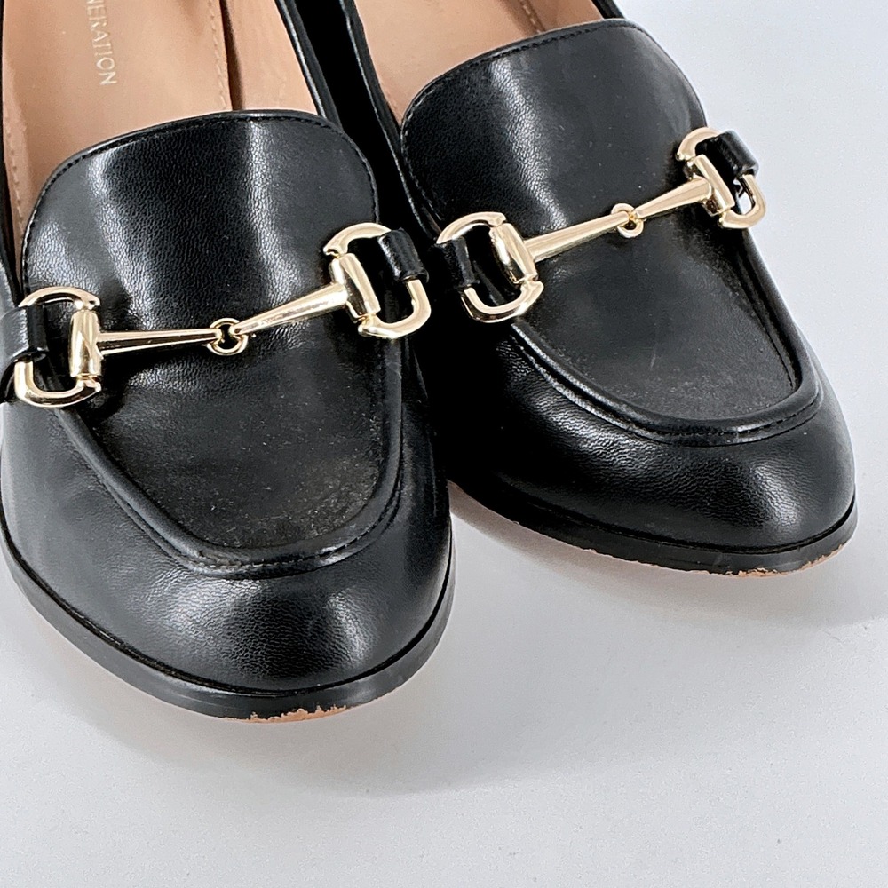 BCBGeneration Size 9 Black Block Heel Loafer Pumps Gold Horsebit Womens YIXY - Picture 2 of 12
